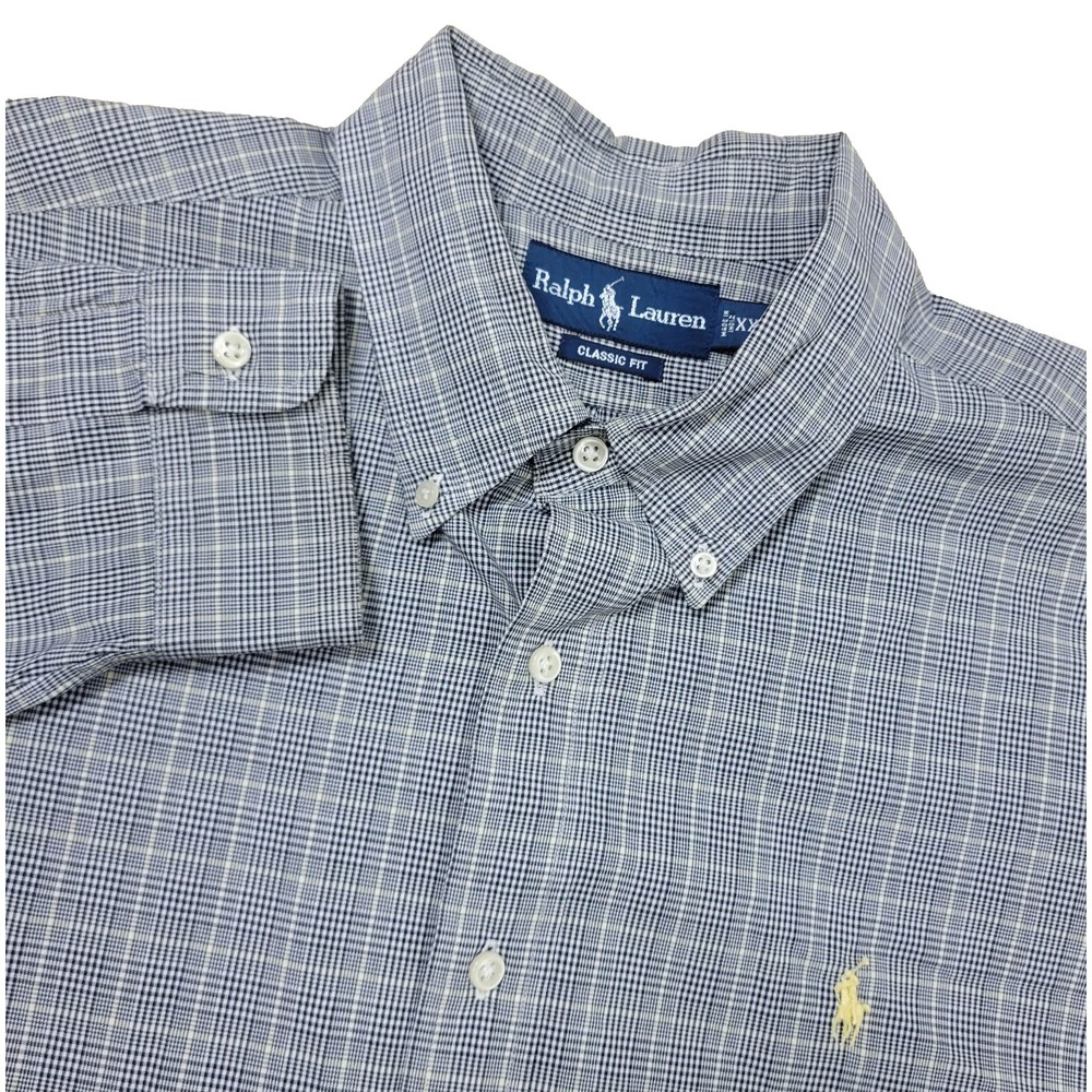 Vintage Ralph Lauren Classic Mens 2XL Gray Plaid Pony Button‎ Down Long Sleeve
